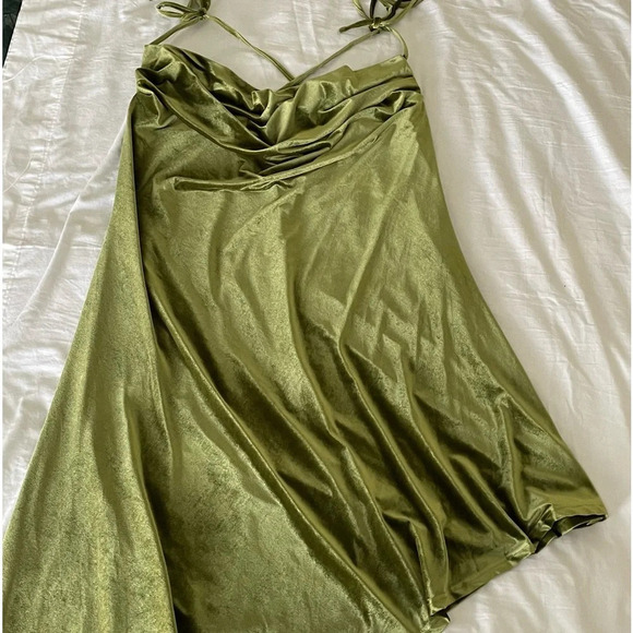 Cider Olive Green Velvet Party Dress 4X Asymmetrical Hem Cowl Collar Spaghetti - Picture 10 of 10